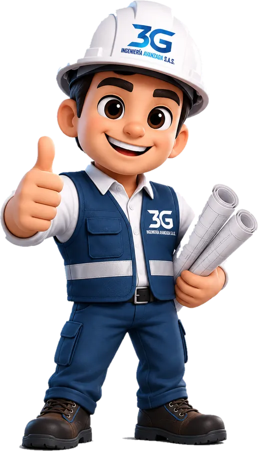 Ilustración de marca de 3G: ingeniero con casco y planos